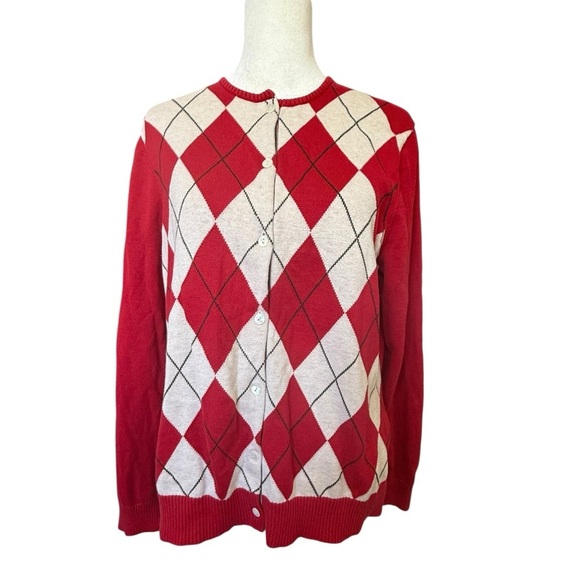 Lands' End Sweaters - Lands End Red White Argyle Cardigan Size 14-16 Supima Cotton Button Front